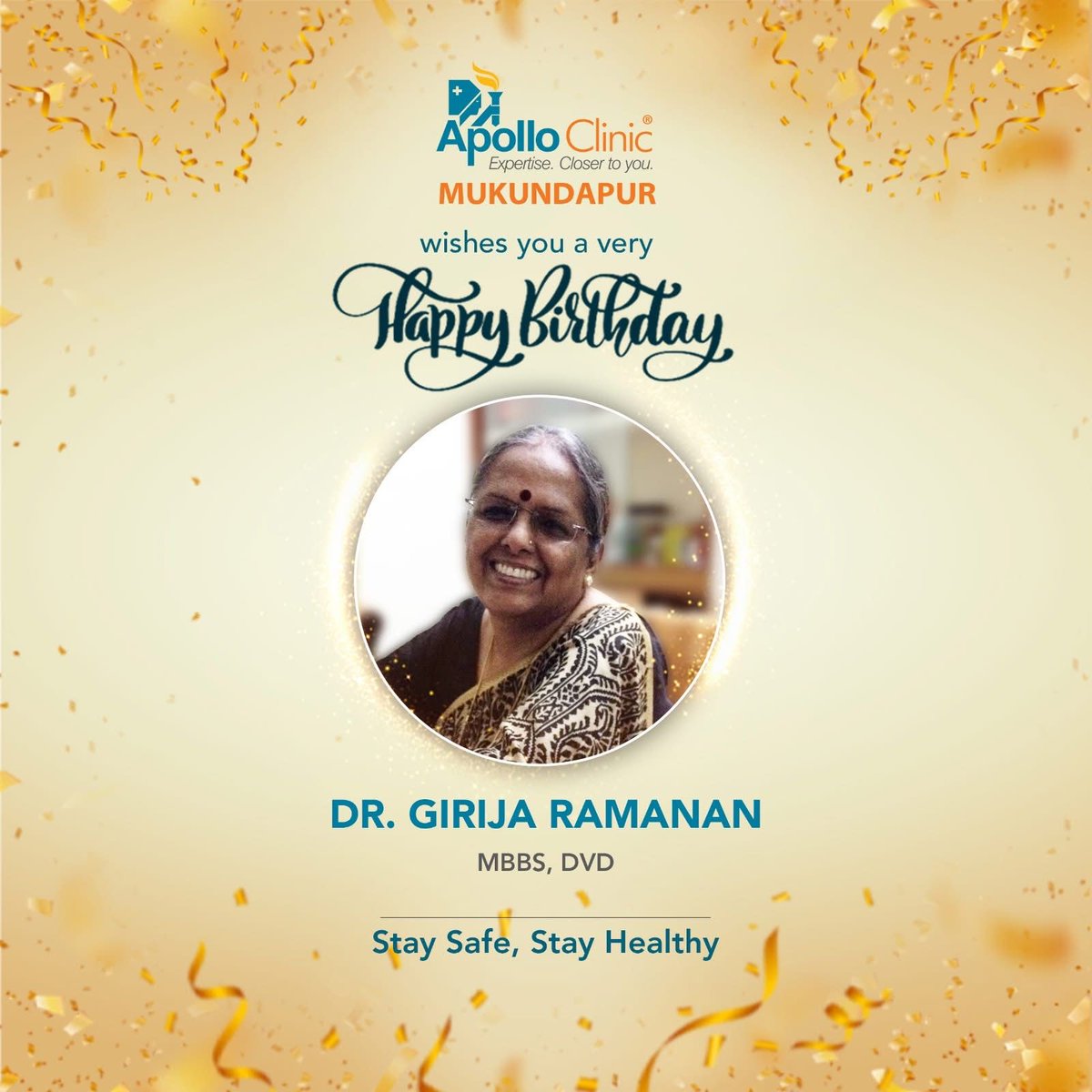 ApolloMukundpur's tweet photo. Apollo Clinic Mukundapur wishes Dr. Girija Ramanan a very Happy Birthday 😊
Stay Safe, Stay Healthy.
.
.
#apolloclinicmukundapur #CelebratingDoctors #TouchingLives #YouTrustWeCare #CommittedToCare #BirthdayPostcard #HappyBirthday #Doctor https://t.co/8pxyHyYRvl
