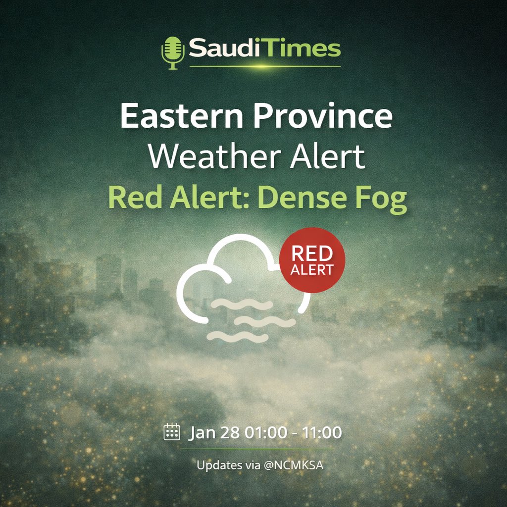 sauditimes_en's tweet image. 🚨 Red Alert: Dense Fog — Eastern Province 🌫️

⏰ Jan 28 | 01:00–11:00

Please drive carefully: reduce speed, keep a safe distance, and use low beams.
Updates via @NCMKSA

#SaudiWeather #EasternProvince #SaudiTimes