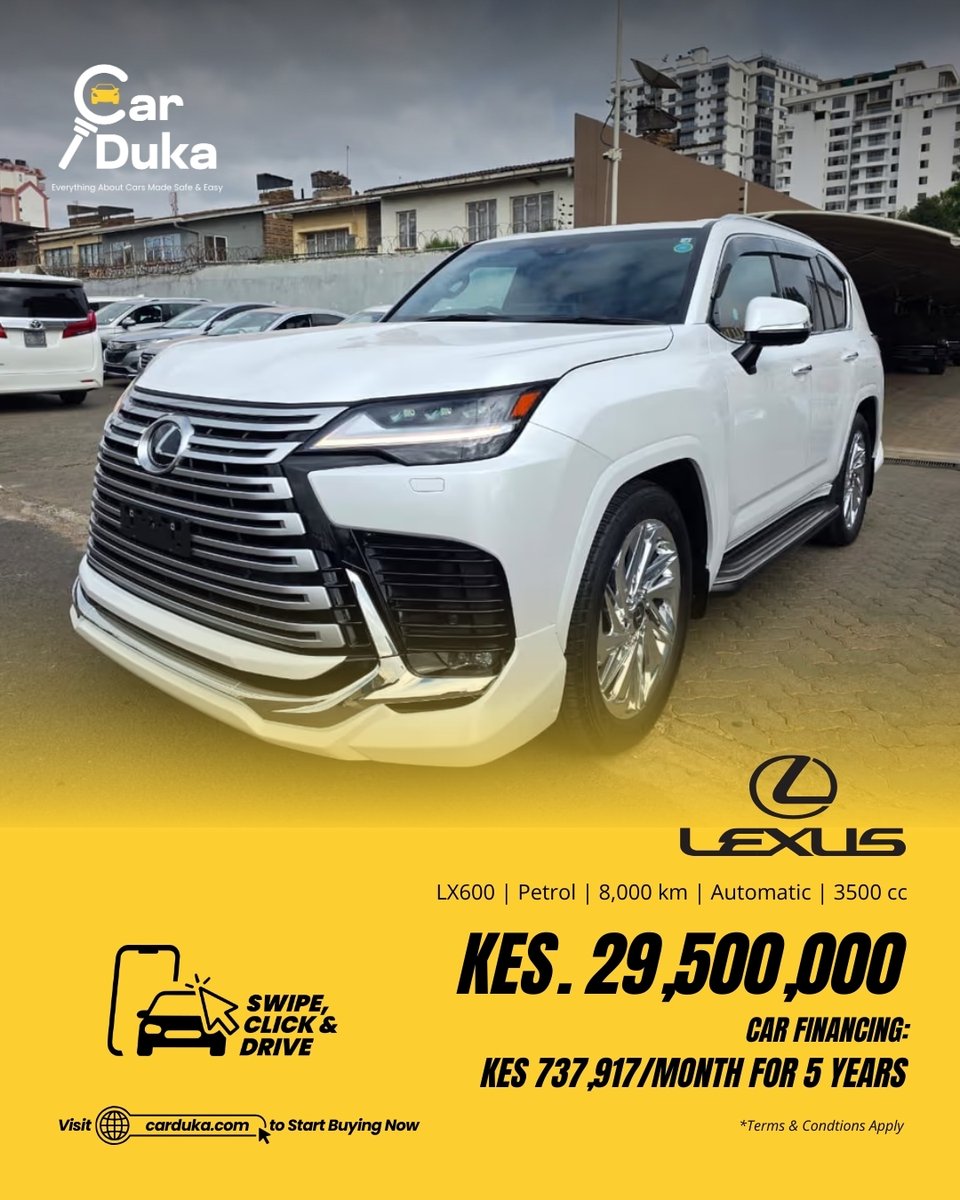 CarDukaKE's tweet photo. Command prestige, power, and unmatched luxury — the 2022 Lexus LX600 VIP is the ultimate flagship SUV for executives and luxury enthusiasts. ✨🚘

Features at a Glance
🔹 3.5L Twin-Turbo V6 (3,445cc) petrol engine with smooth automatic transmission
🔹 VIP executive leather interior with first-class comfort
🔹 Advanced safety & driver-assist features for total peace of mind
🔹 Quiet, powerful, and ultra-comfortable ride quality
🔹 Cutting-edge tech and luxury touches throughout the cabin

Price Options
💰 Cash: KES 29,500,000
💳 Finance: KES 737,917 per month for 5 years

📊 Specs | 8,000 kms | 3500 CC | Automatic | Petrol | Unregistered
Discover this flagship SUV on https://t.co/JiwJou1uEp or shop faster via the CarDuka App on Android & iOS.
#CarDuka #SwipeClickDrive #SwipeClickSell