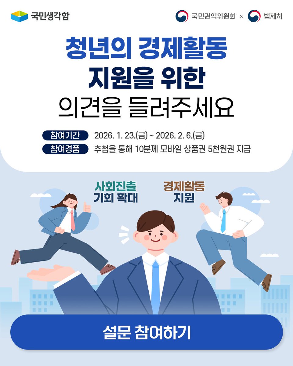 청년 사회진출과 경제활동에 보탬이 될 수 있는
좋은 개선 아이디어가 있을까요?
국민 여러분의 소중한 의견 부탁드립니다. 😃

국민권익위원회가 운영하는
#국민생각함 설문 참여하기
📌tinyurl.com/mr3ufr65

#대한민국정부 #국민권익위원회 #법제처 #설문조사
<a href="/Molegtwit/">법제처</a>