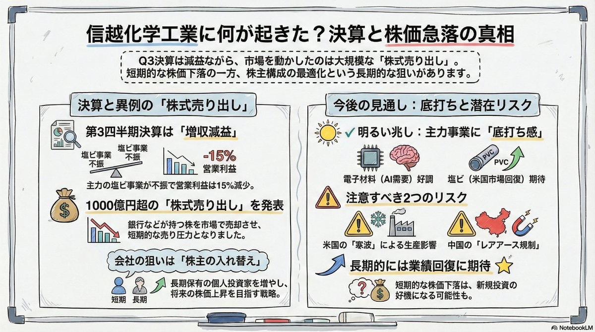 世界No.1の信越化学工業（4063）の株価暴落！？ 円安の影響で情報修正かと思っていましたが、決算の上方修正なし →むしろ、為替に助けられた印象  同時に自社株式の「売り出し」も発表し、株価下落の要因へ 事業内容はいいですが、短期的には大きく下がりそう・・・