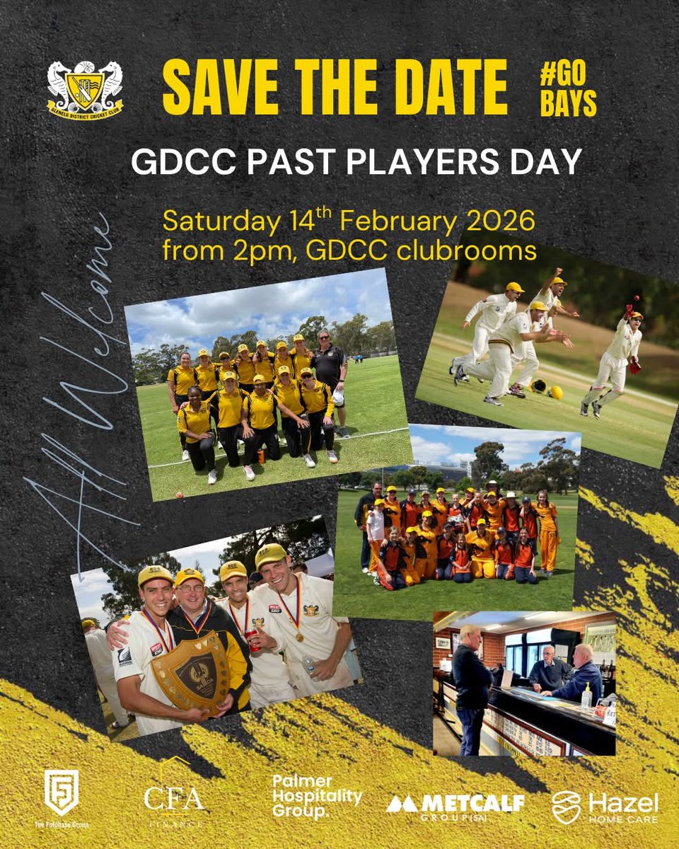 Glenelg_DCC's tweet photo. 🟡⚫ SAVE THE DATE! 🟡⚫
GDCC Past Players Day 
Sat, February 14th, from 2 pm

Club will be putting on some beers 🍻 and a sausage sizzle 🌭
Come down and reminisce about the old days while watching the A grade men take on Southern Districts
#gobays #gdcc #premiercricket https://t.co/XclKXCKfdL