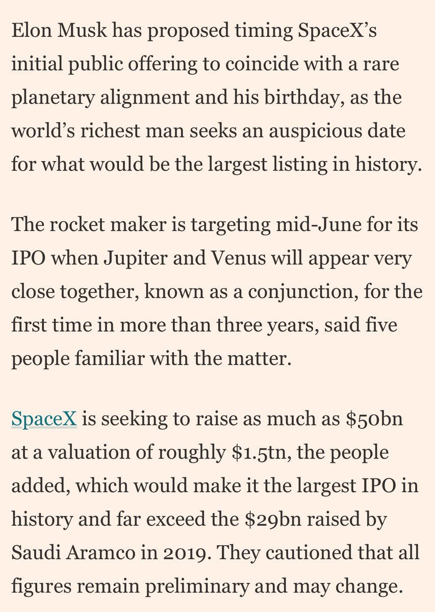 Elon Musk is using financial astrology to time his IPO  - huge ! 🎉 

“The rocket maker is targeting mid-June for its IPO when Jupiter and Venus will appear very close together, known as a conjunction, for the first time in more than three years, said five people familiar with