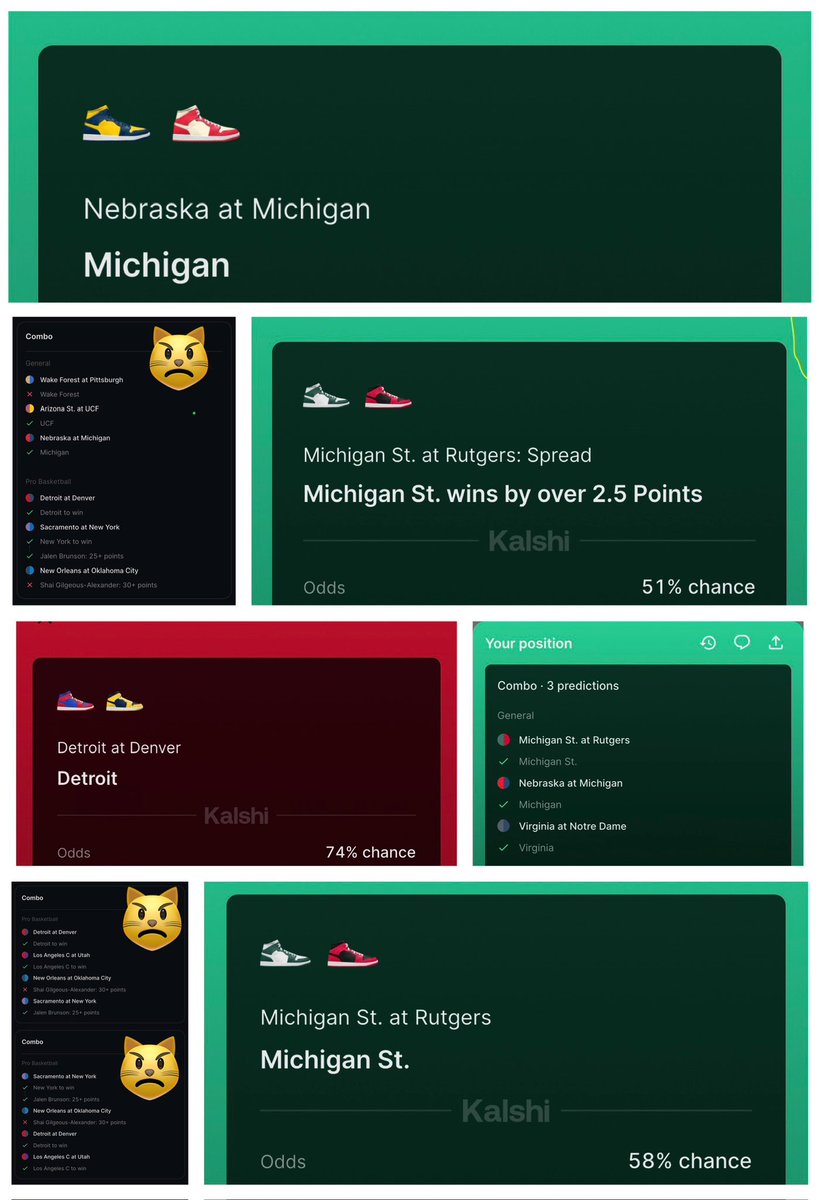 5/8 tonight tried a few parlays but only hit 1/4 freakin Shai on Okc got me on last leg of multiple combos coming up short by a single point smh but overall still killed it on the night 😺👍 #NCAA #NBA #Michigan #MichiganSt #Virginia #Pistons #Nomics #Sportsbook $WNTV $Kazonomics