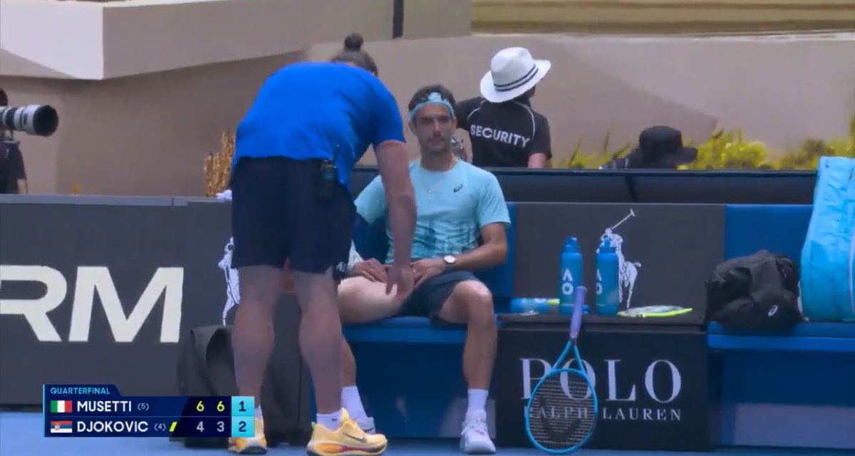 edgeAIapp's tweet photo. Medical time out for Lorenzo Musetti 

Treatment on the right quad / thigh area 

Novak Djokovic to serve next at 2-1 up in set 3 https://t.co/HSjWIFQ0af