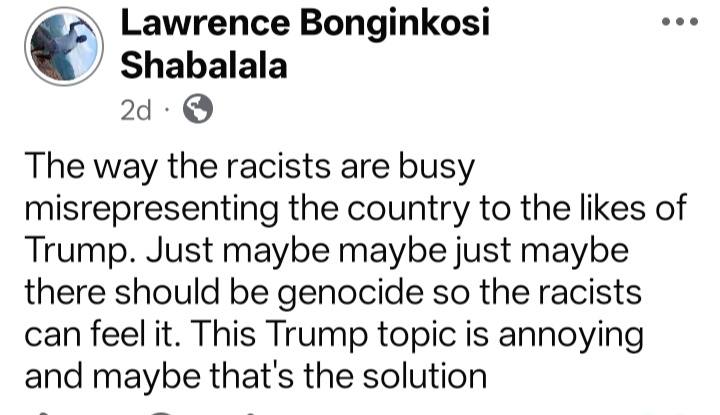 AlfNeumann's tweet image. Even @Our_DA councillors are calling for genocide now.

Cos clearly the 'racists' need to be genocided to show them how wrong they are about there being a genocide. 🤡