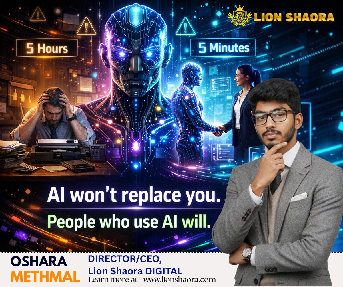 LionShaora's tweet photo. "I am AI... I won’t steal your job... but there is a catch! 

Follow: Lion Shaora DIGITAL for Future Updates!
#IamAI #FutureIsHere #AIRevolution #CareerAdvice #OsharaMethmal #LionShaora #SmartWork #FutureTech https://t.co/XP8kyFI5v2