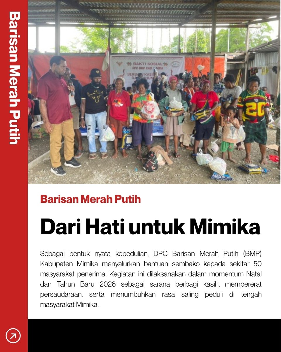 ToedjoeanSatu's tweet photo. Bakti sosial pembagian sembako oleh DPC BMP Kab. Mimika menjadi wujud nyata kepedulian dan solidaritas di momentum Natal dan Tahun Baru 2026, untuk masyarakat Papua yang berdaya dan mandiri.
#BarisanMerahPutih #BMPMimika #BaktiSosial #BerbagiKasih #Solidaritas #PapuaBerdaya https://t.co/xY0TYkqlZ3