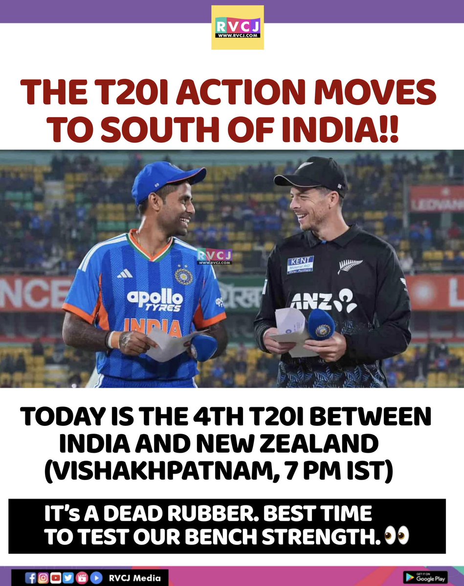 RVCJ_Sports's tweet photo. South vibes, T20 thrills 🔥🏏
Vizag set to host another IND vs NZ showdown tonight!
#INDvsNZ #T20I #TeamIndia #CricketFever #Vizag #SouthIndia #WhiteBallCricket #BenchStrength #DeadRubber #CricketNight #BleedBlue https://t.co/oUcxwgOMTQ