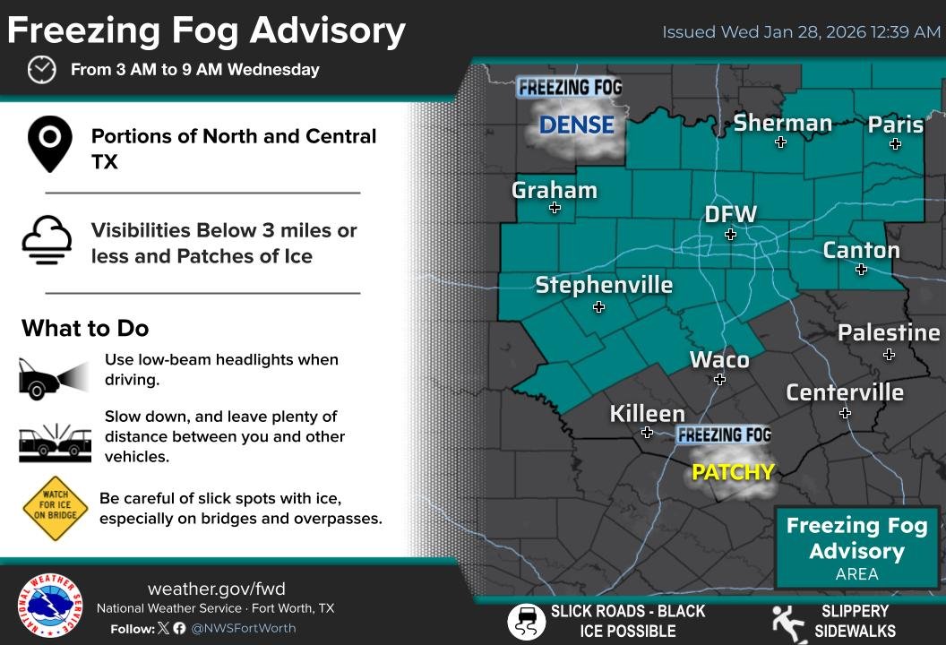Areas of dense freezing fog are expected this Wednesday morning across portions of North &amp; Central Texas. Light ice accumulations on surfaces may occur, including roads, so be sure to take extra caution if driving! Leave plenty of space! #dfwwx #ctxwx