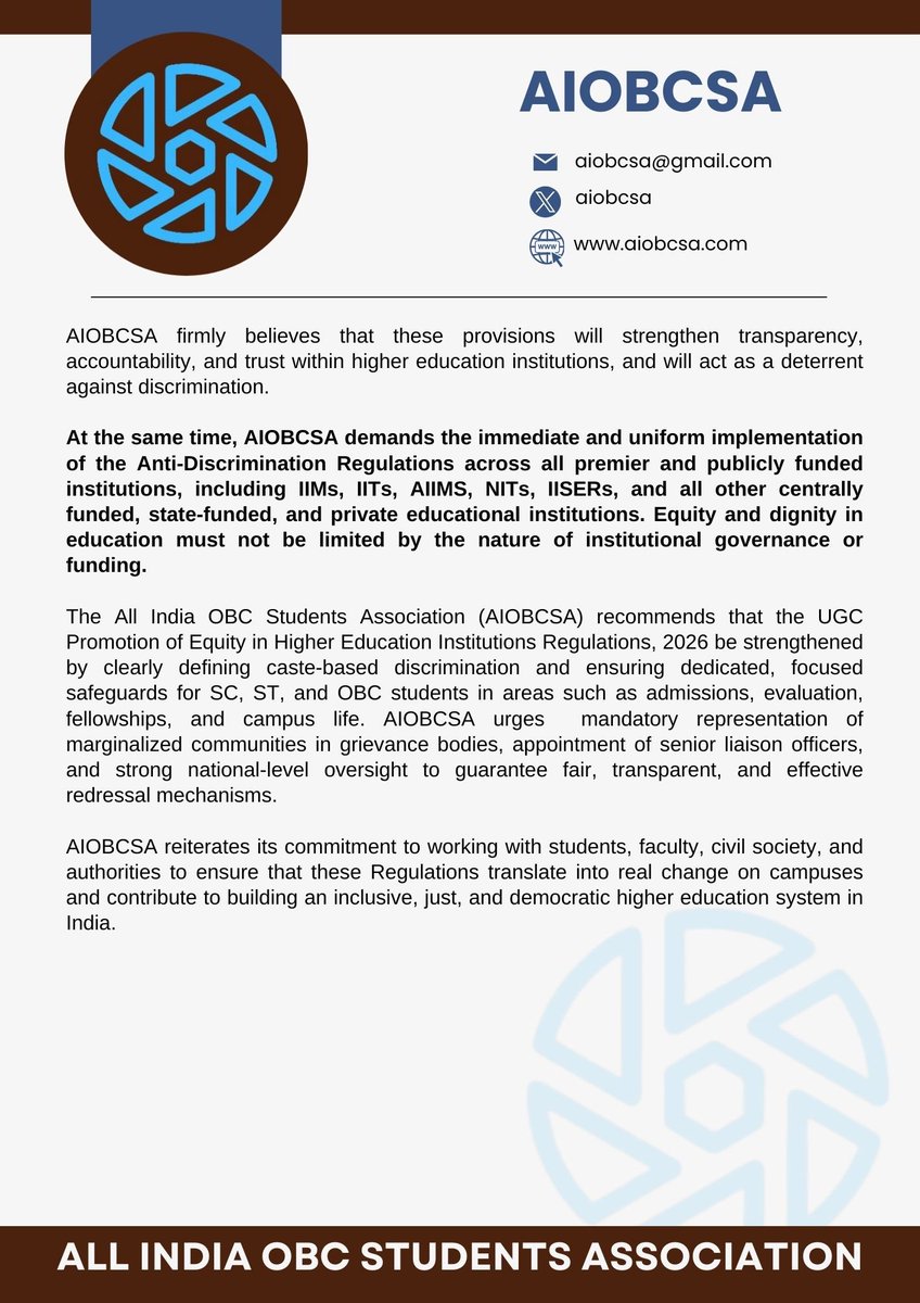 aiobcsa's tweet photo. The #UGCAntiDiscrimination Regulations 2026 are not against any community or caste — they stand against inhumane acts of discrimination. We call for dignity, equity, and justice for every student across all campuses. Our take on the UGC Regulations.
— #AIOBCSA #SocialJustice https://t.co/NziN8Z3ex6