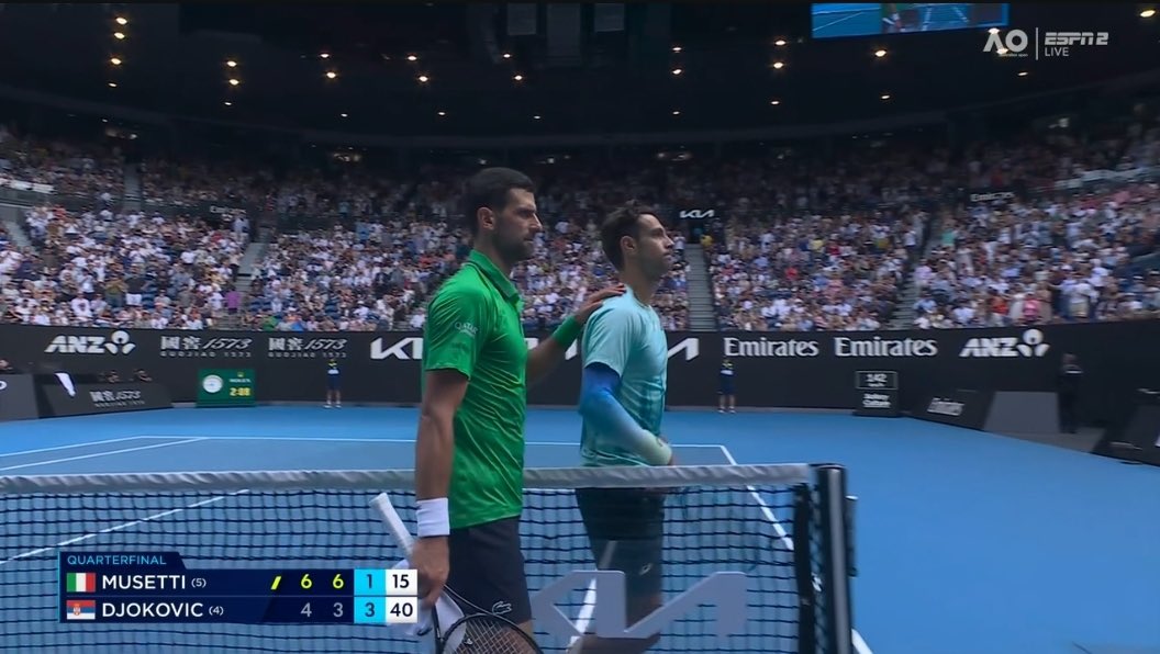 Lorenzo Musetti is forced to retire from the Australian Open quarterfinals against Novak Djokovic. 

He was leading 2 sets to 0. 

Incredibly sad way for him to leave Melbourne… he was playing incredible tennis. 

Novak is into the semifinals. Hopefully Lorenzo recovers quickly.