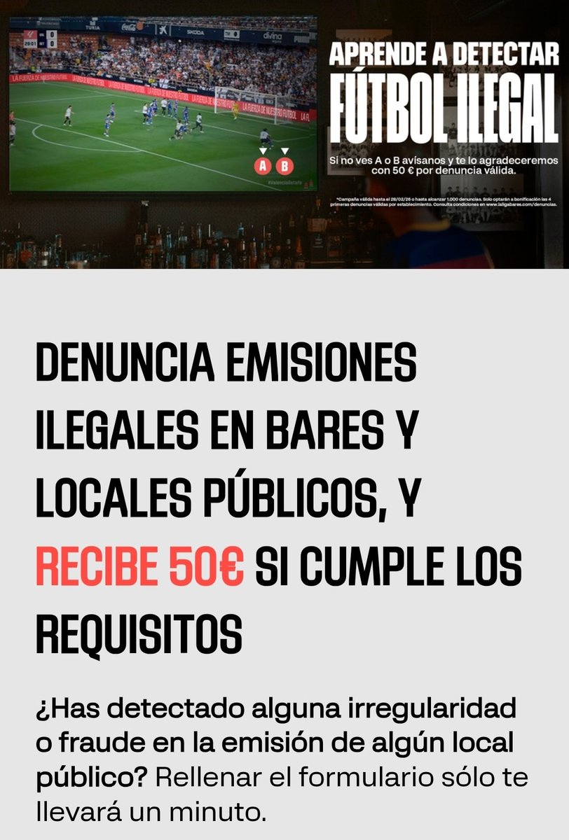 canblanquiverde's tweet photo. Laliga promete 50€ a quien denuncie emisiones piratas en emisiones ilegales en bares y locales públicos

#LaLigaHypermotion https://t.co/9NbsuFEp5q
