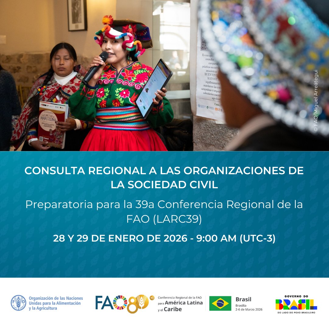 FAOAmericas's tweet photo. 📢¡Ahora!

¡#FAOEscucha a la #SociedadCivil en 🇧🇷 !  
 
Organizaciones de agricultores, Pueblos Indígenas, pescadores y consumidores se reunen para definir las prioridades agroalimentarias de la región hacia la #LARC39.  
 
🔴 Sigue el diálogo en vivo ➡️ https://t.co/fZefFO22TV https://t.co/EqfonsScxa