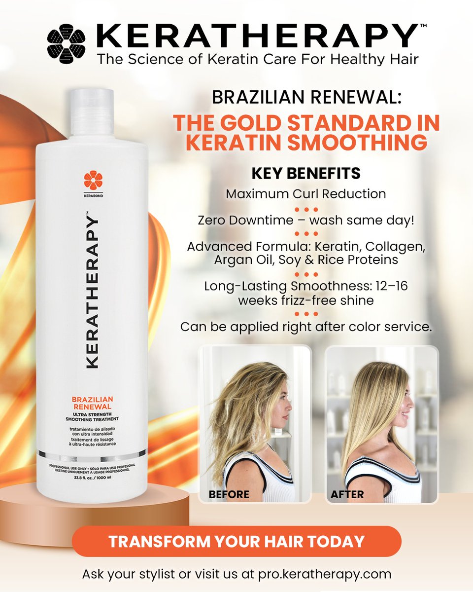Brazilian Renewal = ultimate keratin smoothing for extremely curly, coarse &amp; resistant hair. 💎 Max curl reduction, wash same day (even after color!), and frizz-free shine that lasts up to 16 weeks. Ask your stylist or visit pro.keratherapy.com✨#Keratherapy #BrazilianRenewal