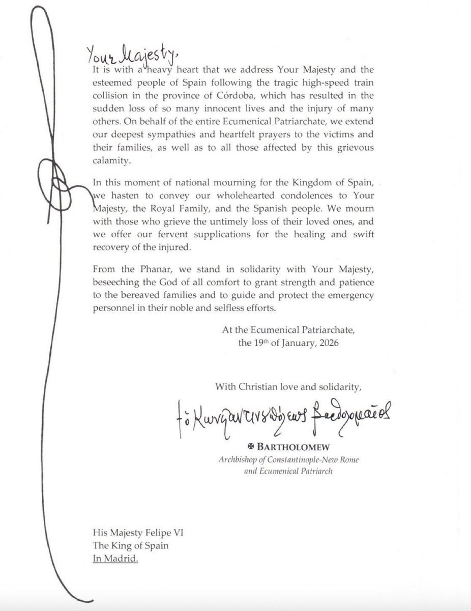 İstanbul Fatih kaymakamlığına bağlı Fener Rum Kilisesi’nin papazı Bartholomeus, 
19 Ocak’ta İspanya kralına mektup yazmış.
İmza olarak “Konstantinopolis ve Yeni Roma Başpiskoposu Ekümenik Patrik” sıfatını kullanmış.
Bu ülkenin yöneticileri, bu fesat yuvasını nereye kadar