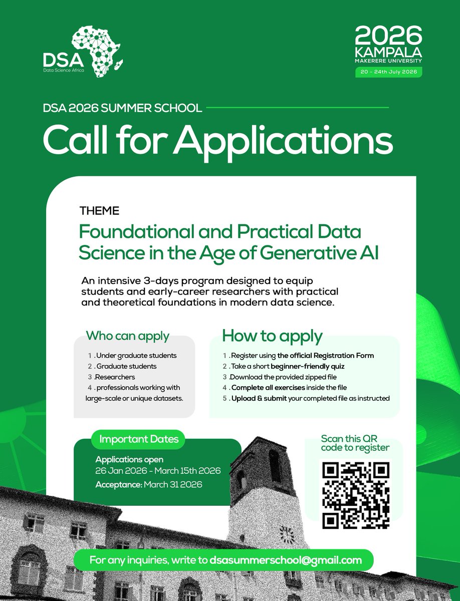 Applications for #DSA2026Kla Summer School in Kampala are NOW OPEN!

Join us at <a href="/Makerere/">Makerere University</a>  as we explore "Foundational &amp; Practical Data Science in the Age of Generative AI."
Open to: 🎓 Students 🔬 Researchers 📊 Data Professionals

Apply now: shorturl.at/en9g4