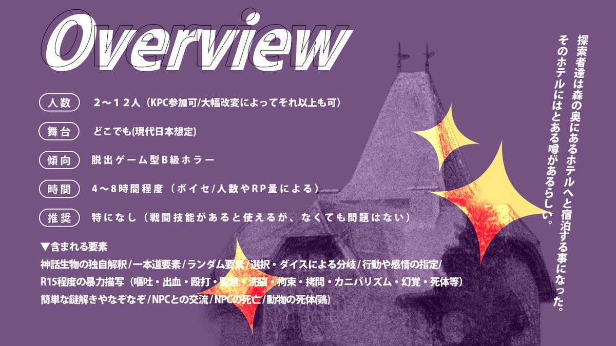 KataDesign_'s tweet photo. #継続シナリオ祭5告知

Call of Cthulhu 6版
非公式シナリオ

「ホテルコッキリの噂」

宿泊先のホテルで命をかけて脱出ゲーム⁉️雰囲気B級ホラーの継続探索者向けシナリオ。わいわい謎解きしながら遊べます🌟

2/2 継続シナリオ祭5にて公開予定 https://t.co/fNTOdFrf0j