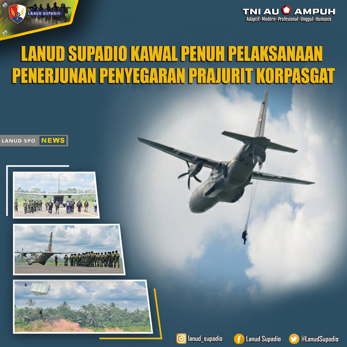 LanudSupadio's tweet photo. Lanud Supadio Kawal Penuh Pelaksanaan Penerjunan Penyegaran Prajurit Korpasgat

Pangkalan TNI Angkatan Udara (Lanud) Supadio kembali menunjukkan peran strategisnya dengan memberikan dukungan penuh terhadap pelaksanaan Penerjunan Penyegaran (Jungar) Statik dan Free Fall https://t.co/U3qop1Ye9y