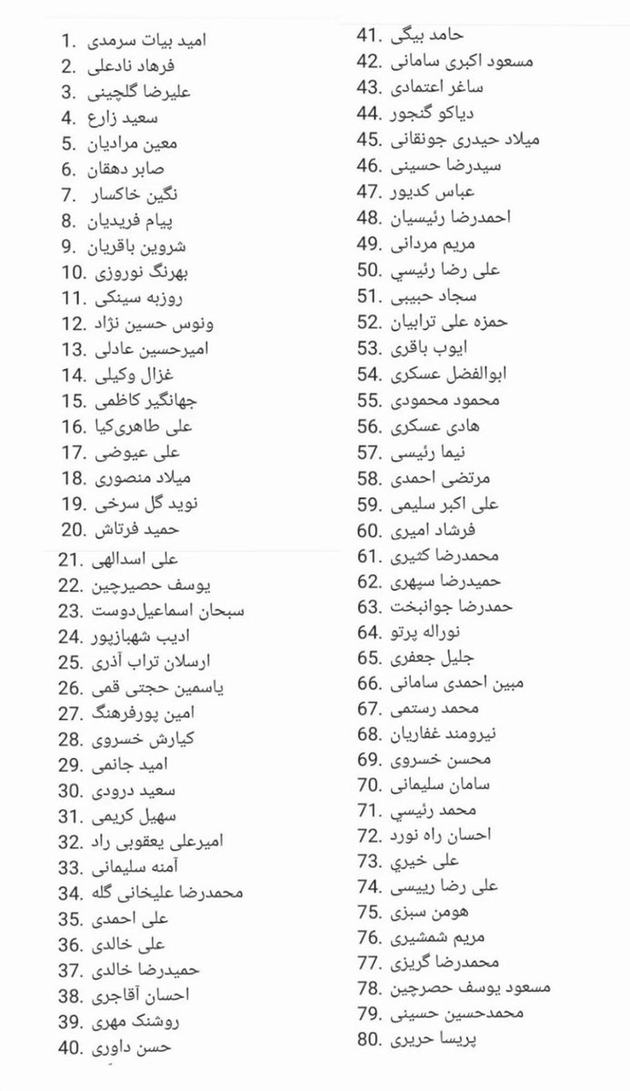 PolarBe79150109's tweet image. این لیست افرادی است که مفقود شده اند و اطلاعی ازشون در دست نیست! اطلاع رسانی کنید!

#Iranmassacre #R2PforIran