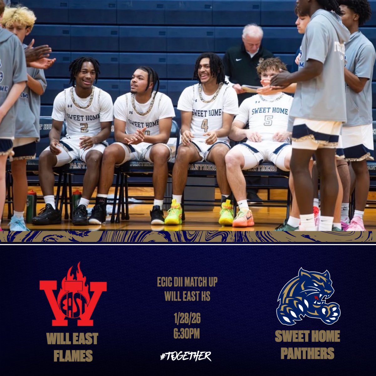 🚨Game Day Panther Nation🚨

Your Panthers hit the road and travel to <a href="/TheFlamesHoops/">Williamsville East Basketball</a> for an important ECIC DII match up. 
#Together
<a href="/SHCSDAthletics/">Sweet Home Athletics</a> <a href="/SHSCentral/">SH Sports Central</a> <a href="/SHPantherEye/">The Panther Eye</a> <a href="/PitSweethome/">Sweethome Panther Pit</a>  
📍Will East HS 
🕔 JV 5:00p
🕡 Var 6:30p
📺 fan.hudl.com/usa/ny/east-am…