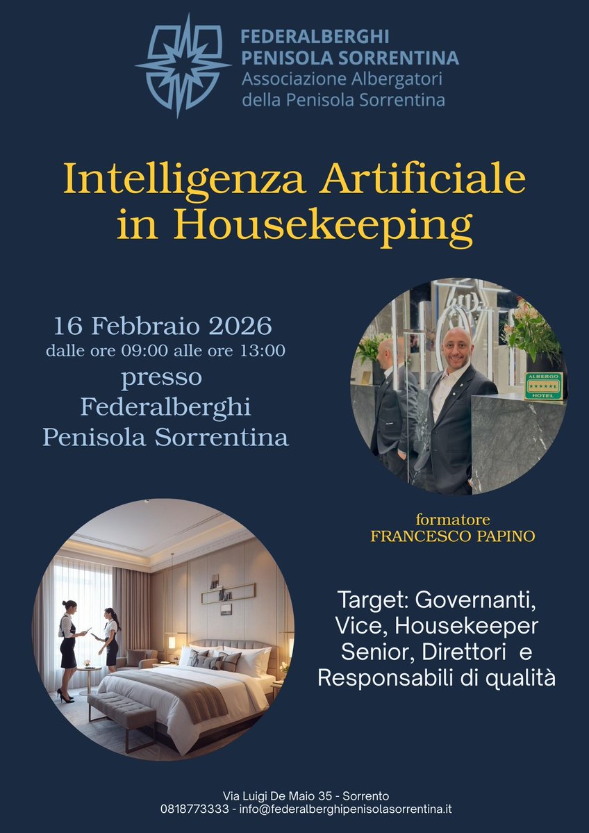 “Il futuro dell’housekeeping è intelligente.”
16 febbraio 9:00 – 13:00  Via Luigi De Maio, 35
Formazione dedicata a Governanti, Housekeeping Manager, Direttori  e Responsabili Qualità delle aziende aderenti al  progetto finanziato dal Fondo For.Te.
Docente: Francesco Papino