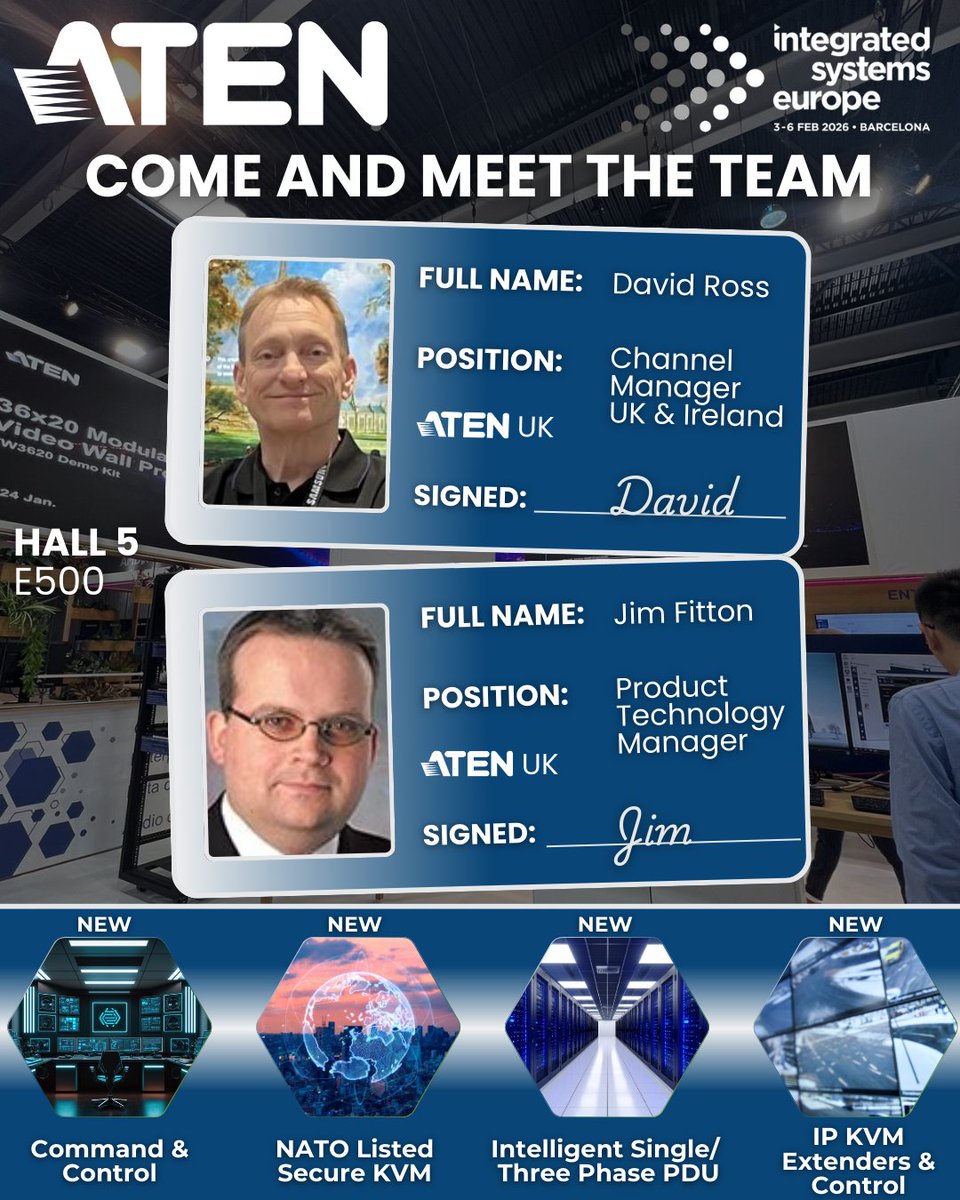 Come and meet the team!
ISE Europe 2026
Hall 5 Booth E500

Our latest newsletter:
mailchi.mp/aten/aten-uk-j…

Sign up here:
register.visitcloud.com/survey/0hztq4l…

Let us know you're coming:
sales@aten.co.uk

#ISE2026 #KVMWorldLeaders #ProAV #ATENUK #ATEN