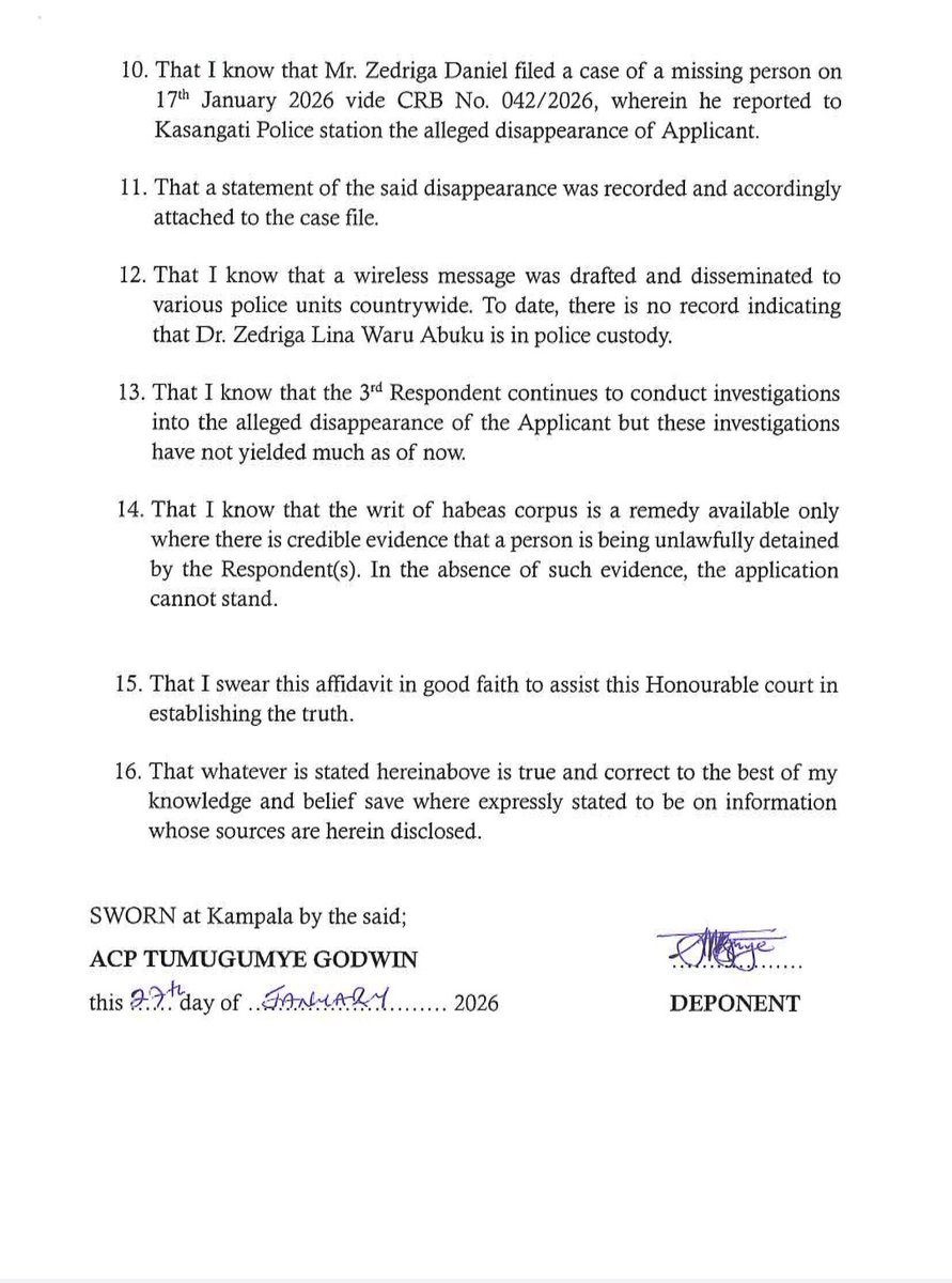 We're at the High Court for the Habeas Corpus hearing for Deputy President, Dr. Lina Zedriga Waru Abuku. The state has filed an affidavit claiming they don't have her in any detention centers, despite having been picked up by security operatives on the 15th of January in the