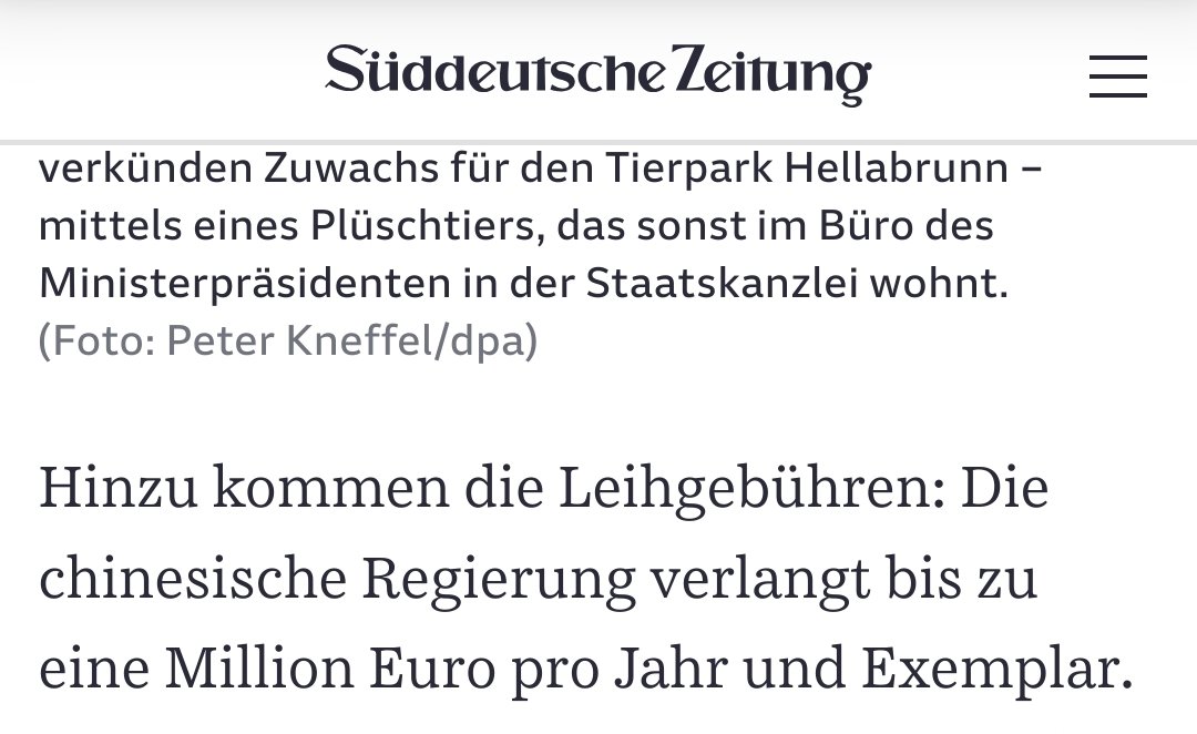 Letzte Jahr hat die bay Staatsregierung 18 Mio€ für den heimischen Natur- + Artenschutz gestrichen. Weil "die Kassen" leer seien.

Heuer prahlt #Söder mit chin. Großpandas. 
#Bayern|s Beteiligung am Gehegebau: 18 Mio €. 
Leihgebühr: ca 1 Mio €. Pro Jahr.
Der verarscht uns.