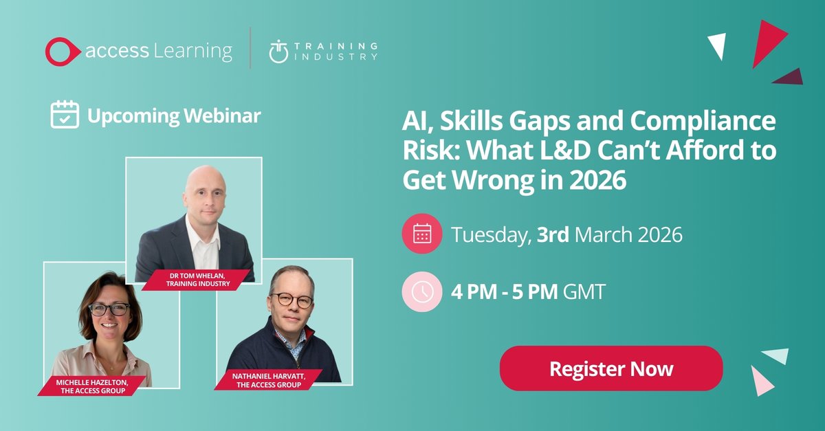 Access_ALC's tweet image. 📢 Upcoming #Webinar | AI, Skills Gaps and Compliance Risk in 2026 

#AI is moving fast. Skills gaps are widening. #Compliance pressures are back. L&amp;amp;D teams need clarity on where to focus - now. 

Register now: ow.ly/RvLb50Y4KPQ