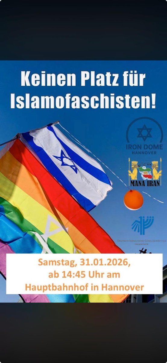 BITTE TEILEN! ❤️💪
In Hannover gehen Deutsche, Iraner, Juden, Israelis, Kurden - ALLE GEMEINSAM auf die Strasse, um ein klares Zeichen gegen die Islamofaschisten zu setzen, die im Iran, Israel, Syrien und Deutschland eine Gefahr für den gesellschaftlichen Frieden darstellen.