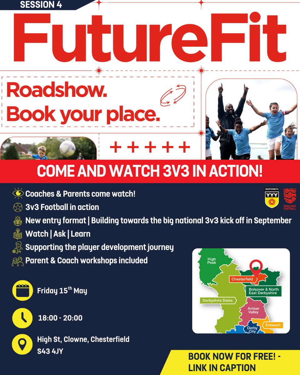 ⚽ Future Fit Roadshow – 3v3 Football in Action ⚽

Derbyshire FA are committed to supporting the implementation and delivery of the Future Fit programme through to the 2026/27 season. Join us as we take the first steps in showcasing the new 3v3 entry format.

These sessions give