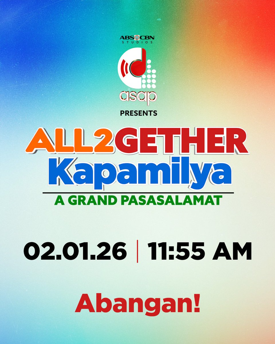 Tara, 2muloy at makisaya sa isang pasasalamat kasama ang Kapamilya. ❤️💚💙

Celebrate our 2getherness sa  Kapamilya Channel sa AllTV2.

See you on February 1, 2026!

#ABSCBN #ABSCBNStudios #ALLTV2 #KapamilyaChannel #ALL2GETHERKAPAMILYA