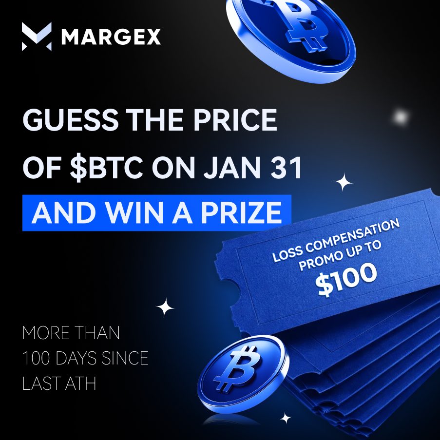 💸 It’s been over 100 days since Bitcoin’s last ATH!

So we’re launching a $BTC prediction contest!
Guess the price of Bitcoin on January 31 at 12:00 UTC and win!

🎯 How to join:
▪️ Like &amp; RT
▪️ Follow <a href="/Margexcom/">Margex</a>
▪️ Drop your $BTC price prediction in the comments ⬇️

🏆 Prizes:
