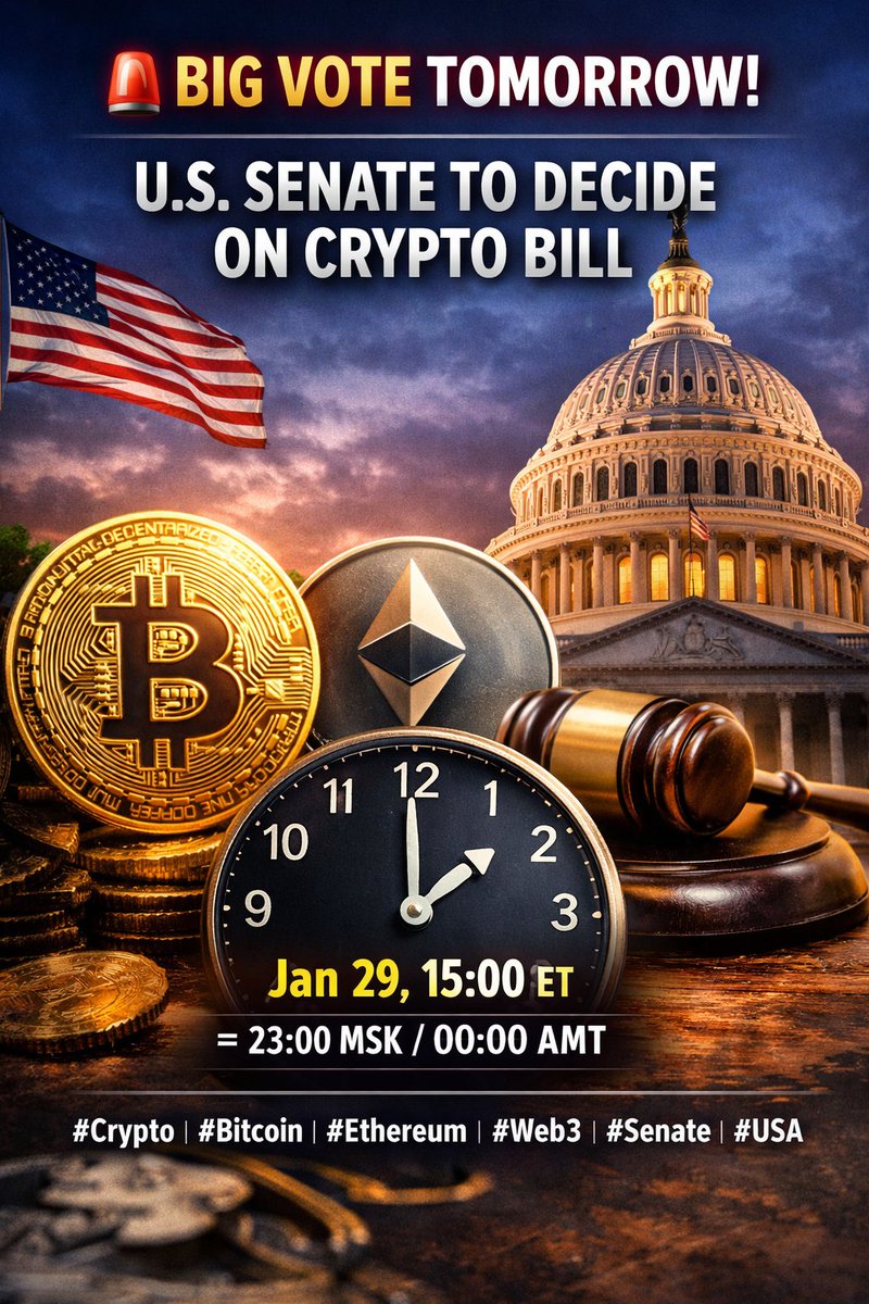 🚨 Tomorrow at 3PM ET, the U.S. Senate votes on the crypto market structure  bill. One of the biggest regulatory moments in years. Clarity may finally  arrive. ⏰ Jan 29, 15:00 ET =