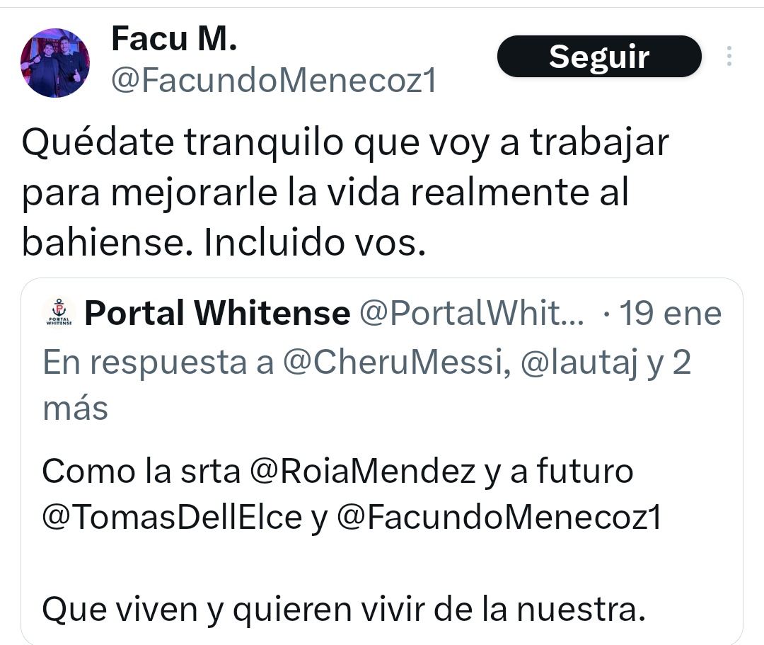 Este pibe decía que iba a laburar por los bahienses??? 10 días de trabajo y ya se toma días para ir a boludear!  con la nuestra porque le pagamos nosotros.
Tenías razón <a href="/PortalWhitense/">Portal Whitense</a> 
<a href="/LLABahiaBlanca/">La Libertad Avanza Bahía Blanca</a> 
<a href="/FelipeFerrandes/">Felipe Ferrandez</a> 
<a href="/HCD_BahiaBlanca/">HCD Bahía Blanca</a> 
#ConLaNuestra