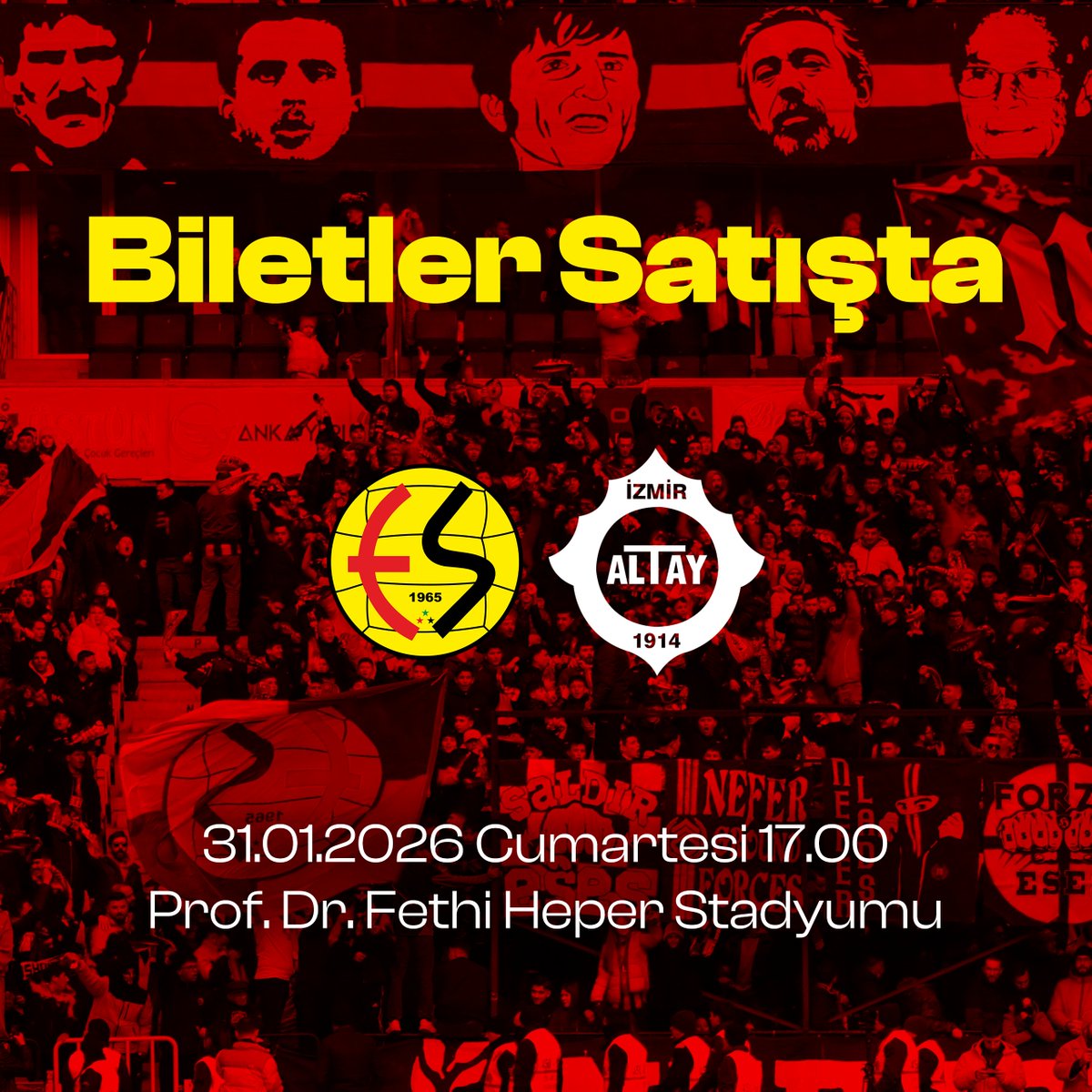 BİLETLER SATIŞTA!

⚽️ Eskişehirsporumuzun, TFF 3.Lig’de 31 Ocak Cumartesi günü saat 17.00’de evinde oynayacağı Altay maçının biletleri satışta!

Haydi EFSANE! Tribündeki yerini al, takımını yalnız bırakma!

Kuzey ve Güney Kale Arkaları: ₺150
Doğu Maraton Alt: ₺250
Doğu Maraton