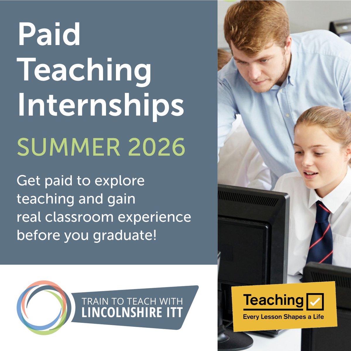 If you are a undergraduate (in your second, third or final year) or a Masters student, the Paid Teaching Internships with Lincolnshire ITT is a great opportunity to gain practical experience of what it’s like to be a teacher in a secondary school.

Visit: gilesacademy.co.uk/paid-teaching-…