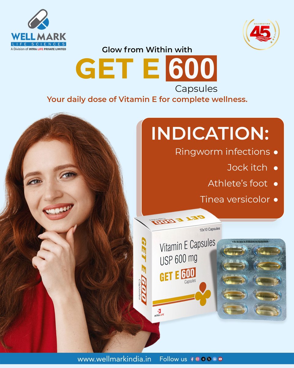 wellmarkindia's tweet image. Glow from within with GET E 600—daily Vitamin E support for healthy cells, radiant skin, and strong hair.

For business enquiries
📞 Call: +91-9831149528
🌐 Visit our website: wellmarkindia.in

#wellmark #VitaminE #GetE600 #GlowFromWithin #HealthySkin #RadiantSkin