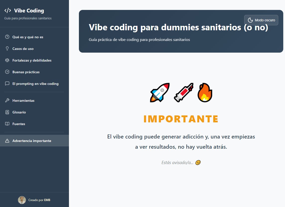 📢¿Has oído hablar del #vibecoding? ¿Te gustaría aprender y no sabes por dónde empezar? Te propongo esta guía,  pensada para el entorno sanitario, pero aplicable también a otros sectores. 

⚠️Y recuerda: el vibe coding genera adicción, estás avisado...

🌐embai33.github.io/Guia-vibecodin…