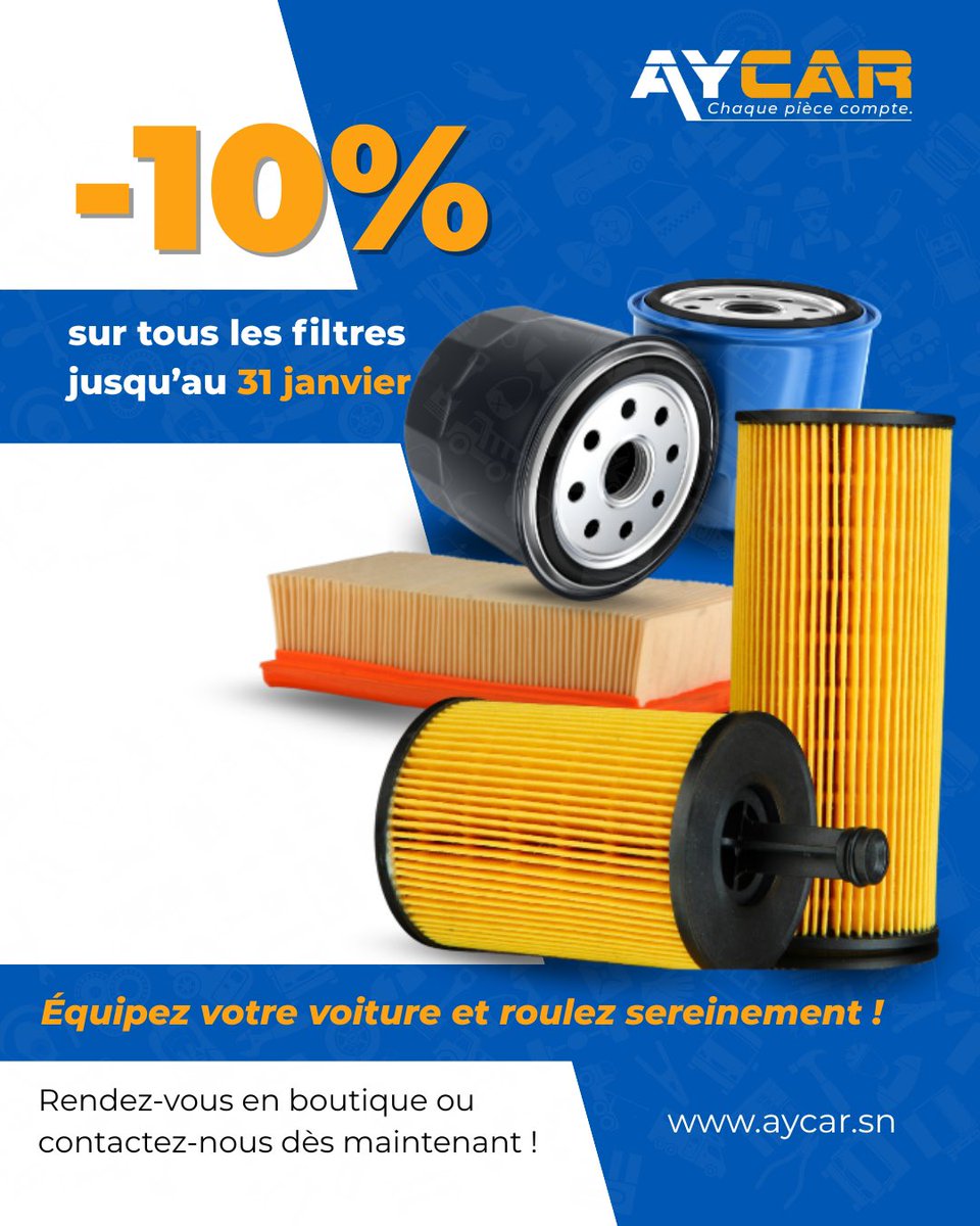 Aycar_sn's tweet photo. 🔥 Promo AYCAR : -10% sur tous les filtres (huile, air, habitacle, carburant) jusqu’au 31 janvier !

Assurez la performance de votre véhicule avec des pièces de qualité.

📍 Keur Massar | 📞 77 232 49 49

#AYCAR #promotion #piecesauto #entretienauto https://t.co/fxlQ7oNXTf