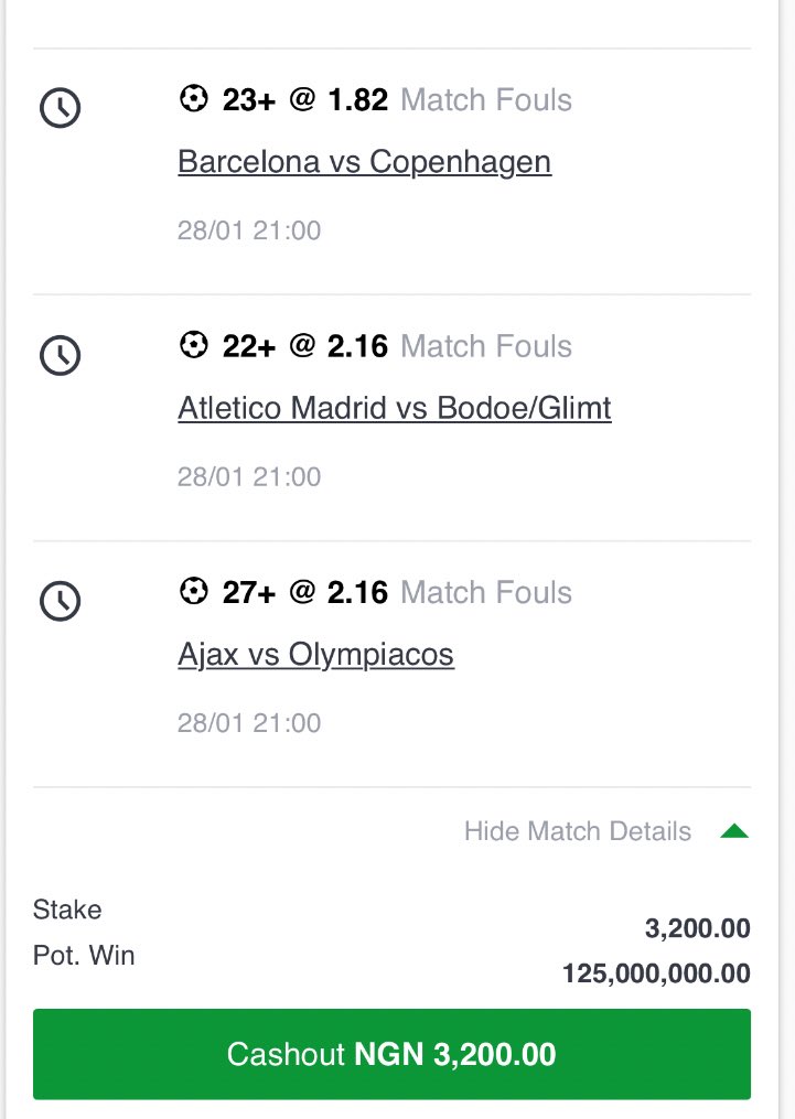 Total Match Fouls. (23k odds)

16 games (UCL) 🏆

Sportybet: U4SQ92