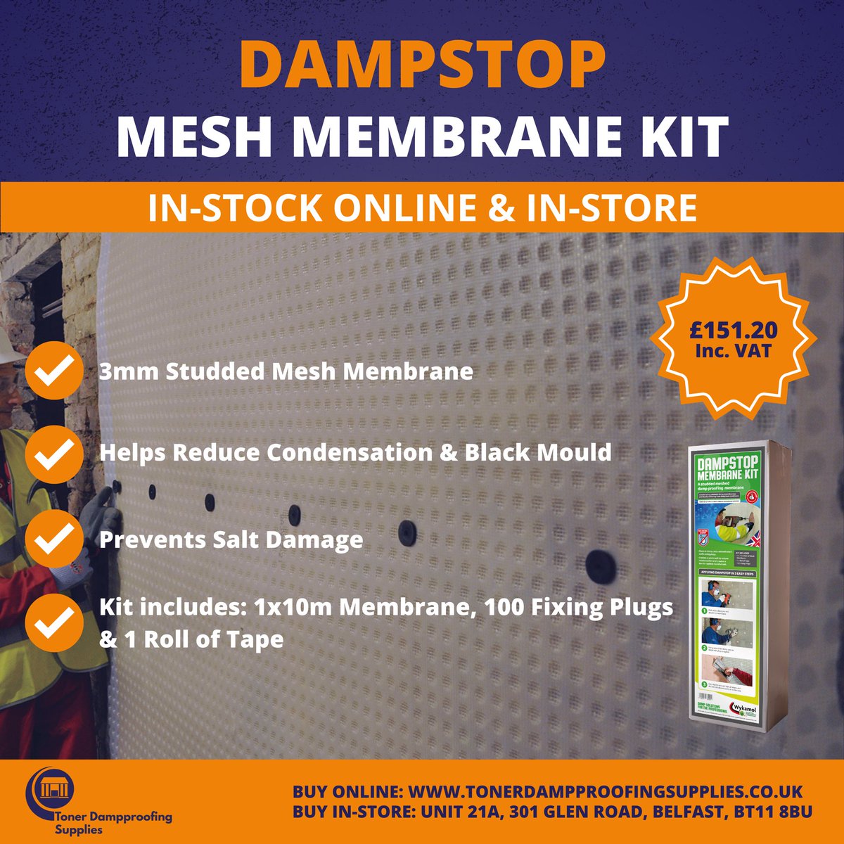 The DampStop Mesh Membrane Kit (10m²) creates a barrier on damp walls, with a 3mm studded mesh membrane ready for plaster finishes or dot &amp; dab.

In the kit:
• 1m x 10m mesh membrane
• 100 fixing plugs
• Roll of Tape

Shop here: tonerdampproofingsupplies.co.uk/product/dampst…

#DampProofing