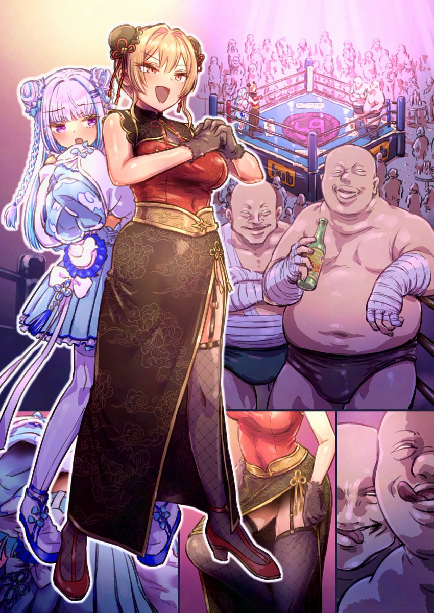 チャイナ服lzfrが地下闘技場に潜入して悪徳ファイターを華麗に討伐する絵 