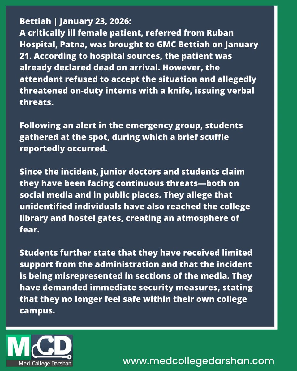 mcollegedarshan's tweet photo. Threats to doctors at GMC Bettiah are escalating—from social media to hostel and library gates.
This cannot be ignored.

We request @Bettiah_Police @sanjayjaiswalMP to provide immediate security and take strict action. https://t.co/0fC31CHf09