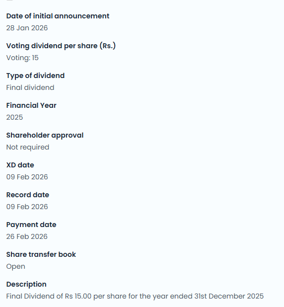 CEYLON GRAIN ELEVATORS PLC

CASH DIVIDEND