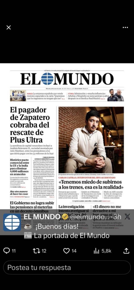 La portada de El Mundo de hoy es un ejemplo de como se desinforma a la población. Ayer se conoció que la tasa de paro bajó del 10% y que se crearon 604.000 empleos en 2025, pero un lector de este periódico le cuesta enterarse