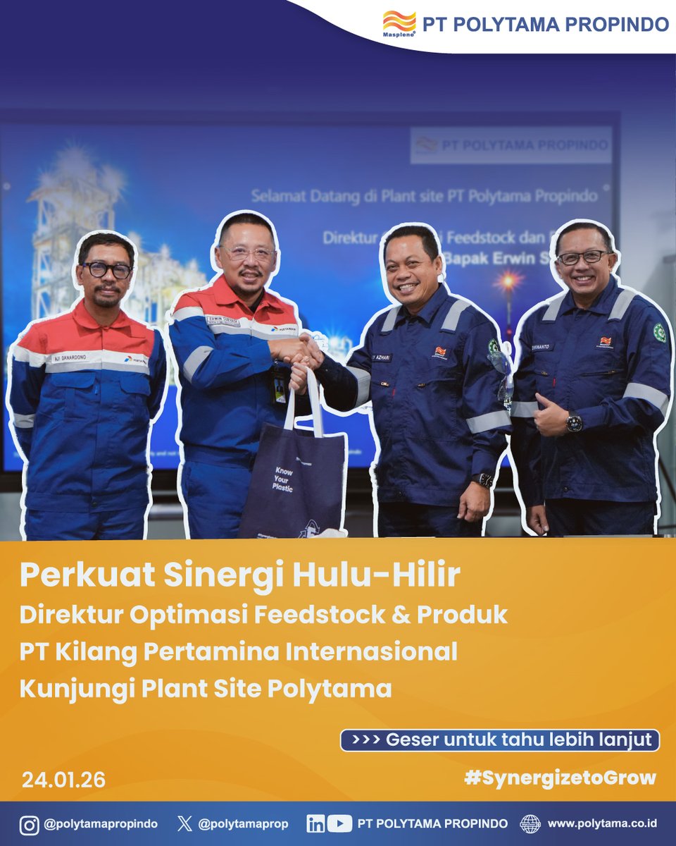 polytamaprop's tweet photo. Agenda Management Walkthrough bersama Direktur Optimasi Feedstock &amp; Produk PT Kilang Pertamina Internasional (KPI) Erwin Suryadi, menjadi momentum untuk memperkuat sinergi hulu–hilir di Plant Site Polytama.

Polytama, 
#SynergizetoGrow https://t.co/iJrLTOxDYu