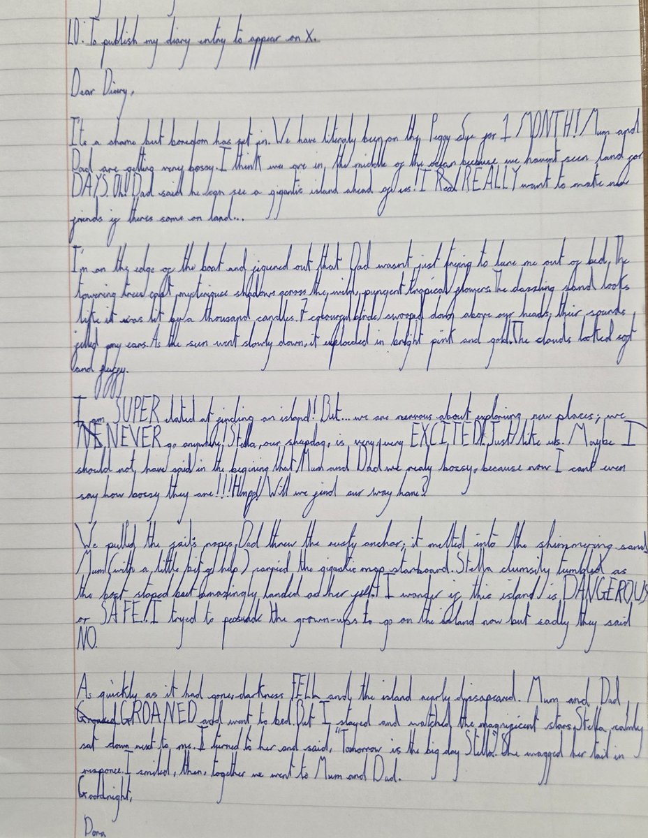 LancotSchool's tweet photo. Incredible work from Year 4 this week! โ๏ธ๐๏ธ Theyโve shown such strength in their diary entries inspired by โKensukeโs Kingdom.โ We are bursting with pride at their thoughtful writing and beautiful presentation. Truly top-tier work! ๐๐ #Year4 #KensukesKingdom #PrimaryWriting https://t.co/hp4Wo1imk7