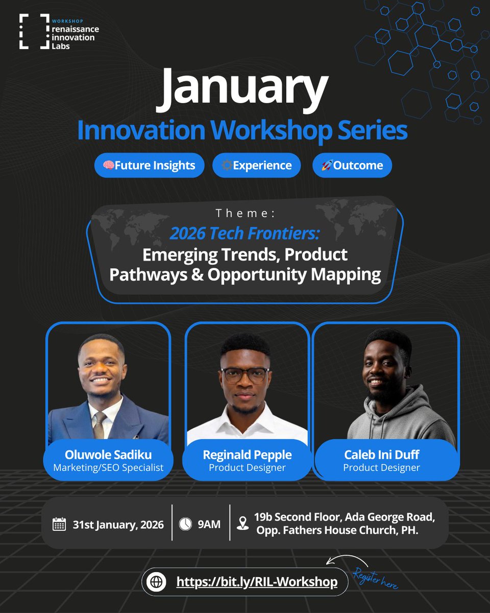 3 days to go🔥. 
Come ready to ask better questions, build smarter ideas, and think like an innovator. 

 #renaissanceinnovationlabs #rilworkshop #innovationworkshop #innovation #techcommunity